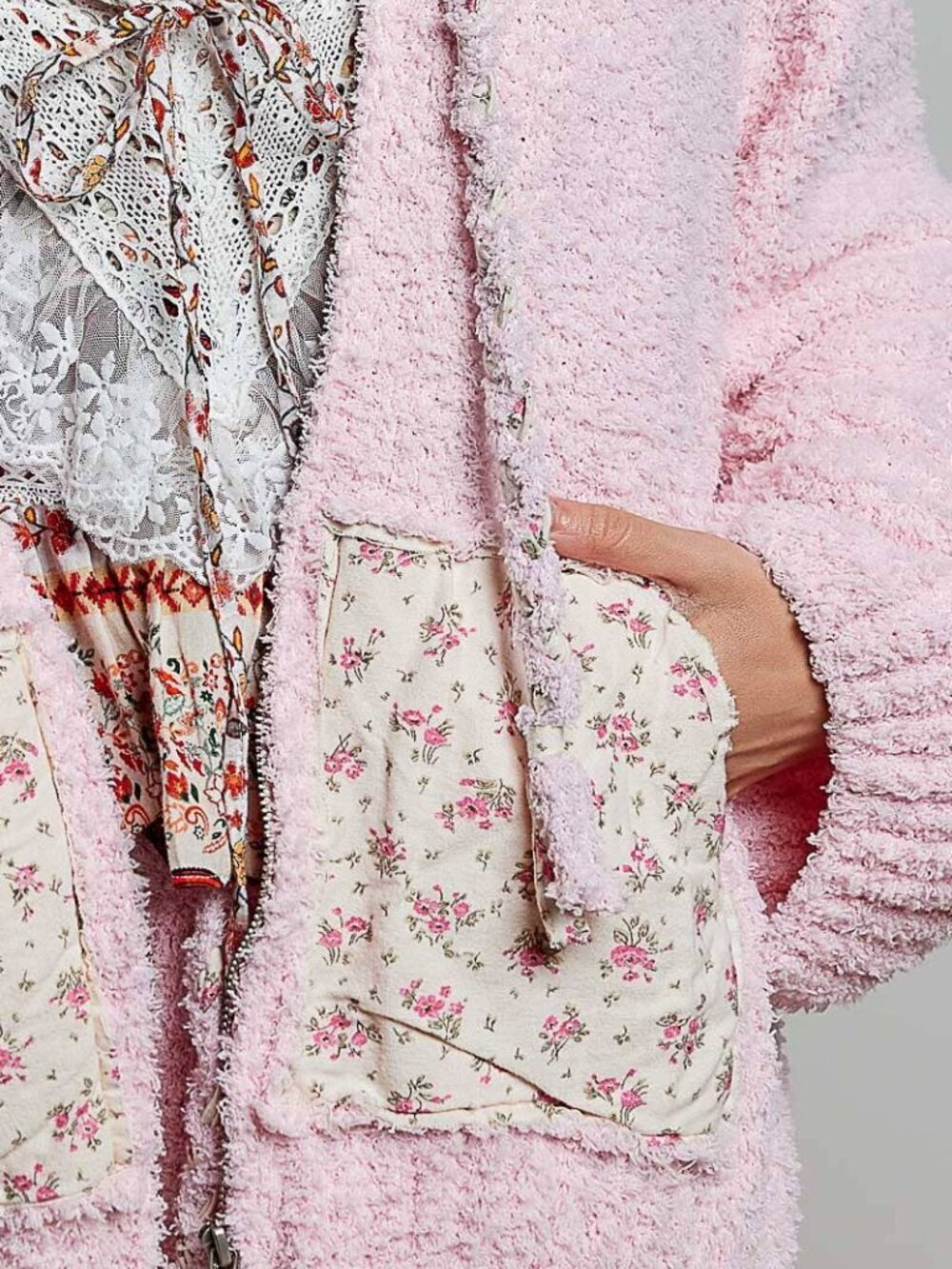 POL NWT Floral Printed Cozy Pink Berber Sweater Hoodie Zip-Up Jacket - Picture 5 of 7